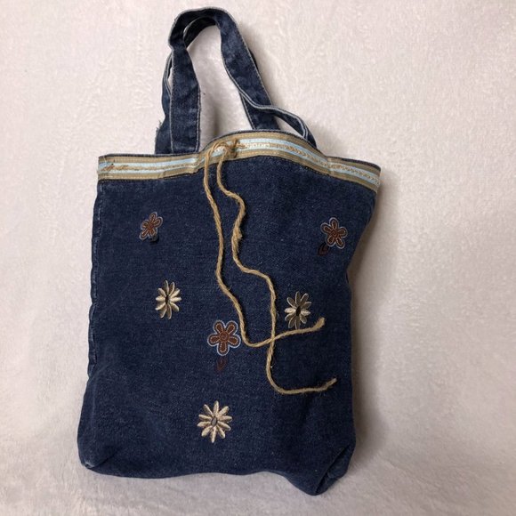 handmade Handbags - Womens Blue Denim Floral Embroidered Tote Bag OS
